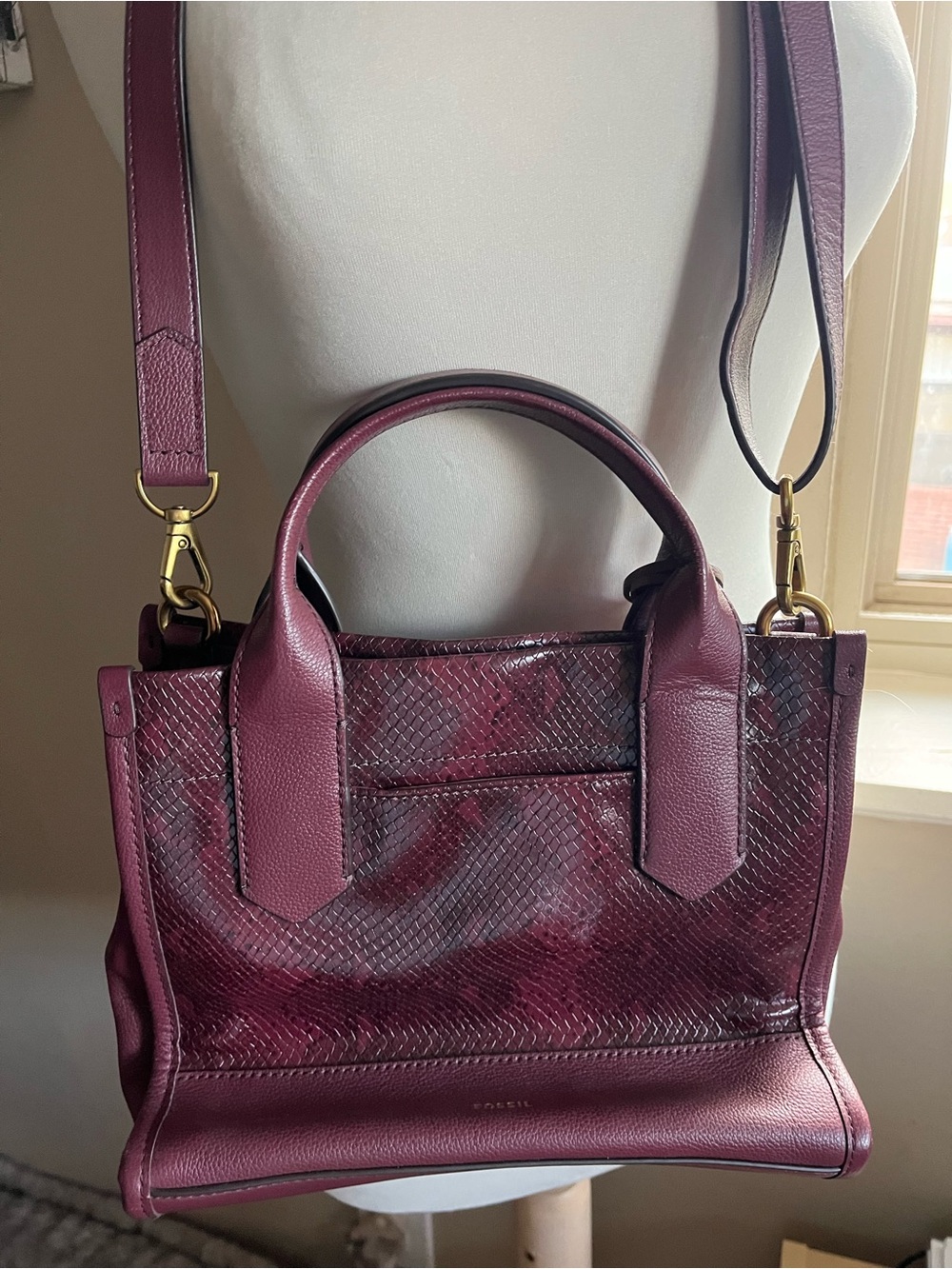 Fossil Burgundy Textured Leather Satchel with Gold Hardware